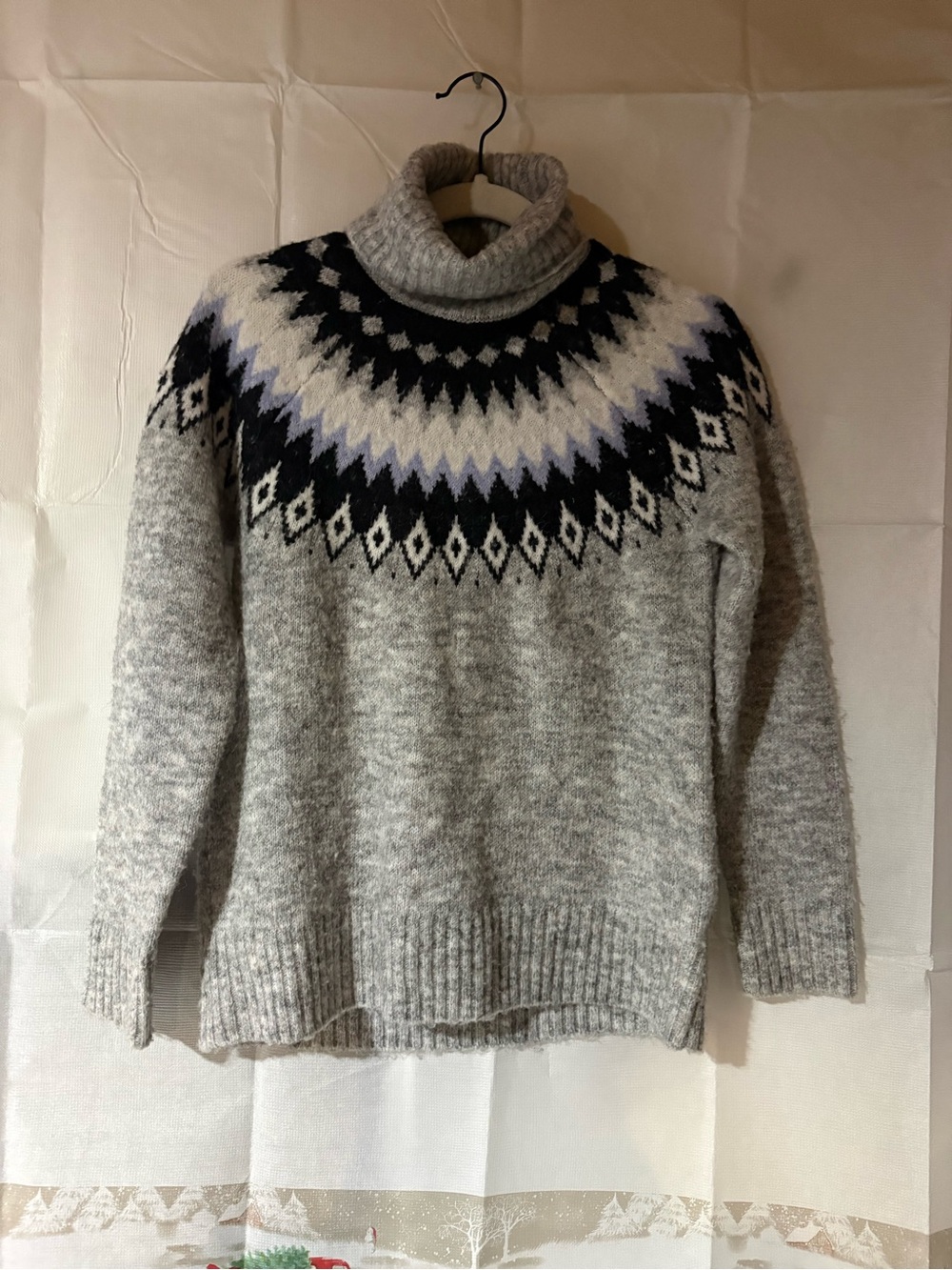 Cozy Light Gray Fair Isle Turtleneck Sweater